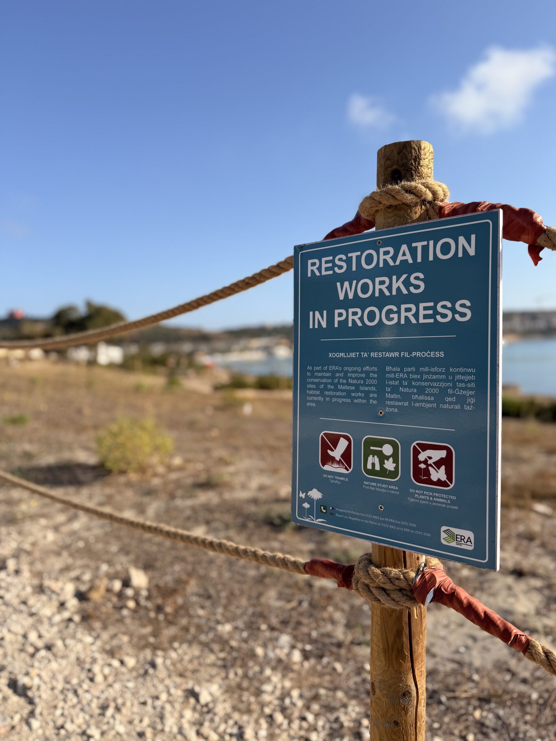 Restoration works in progress sign at Ghadira bay